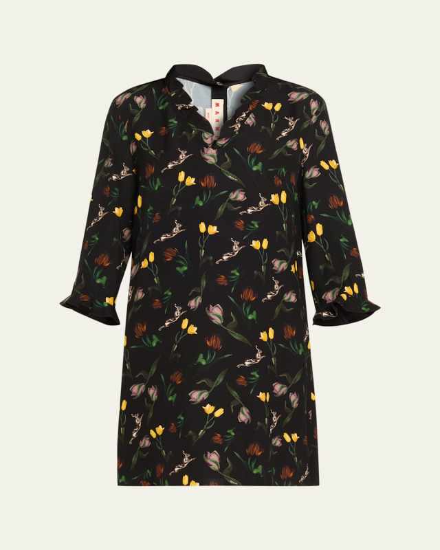 Floral Ruffle 3/4-Sleeve Mini Dress